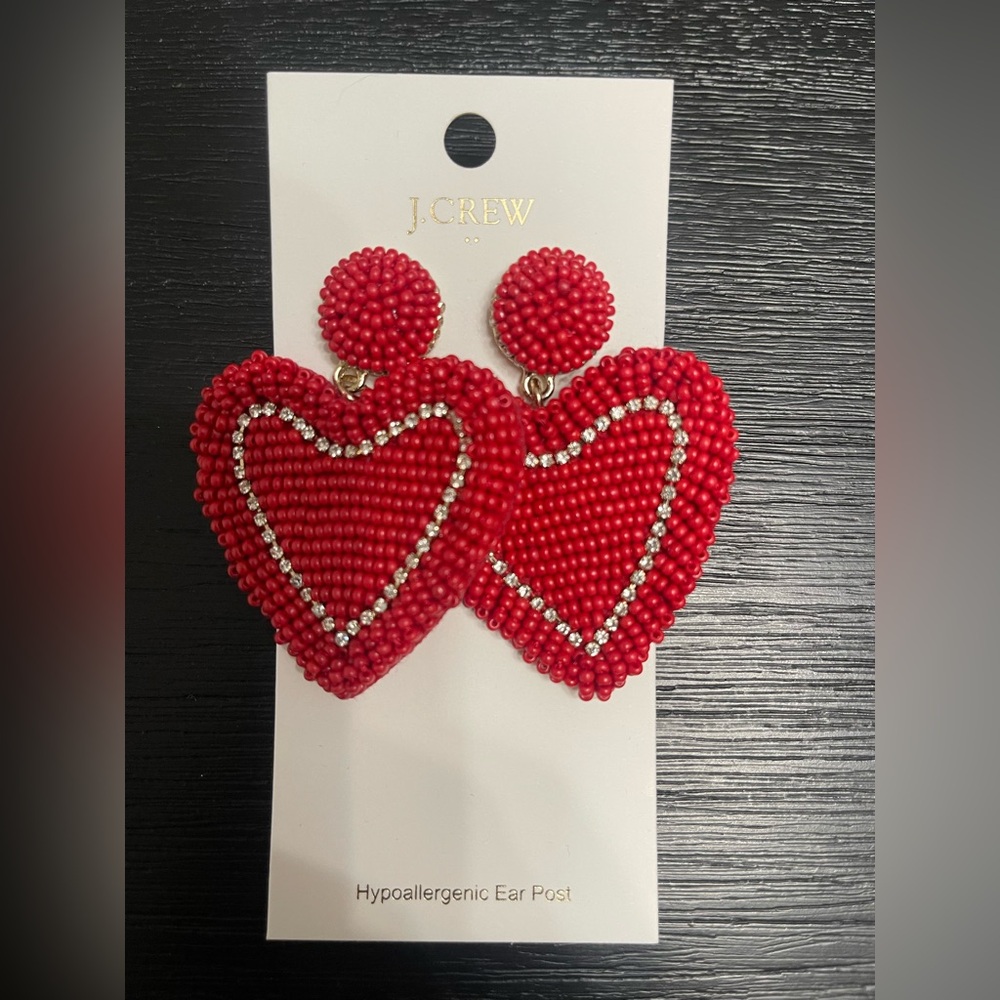 NWT J. Crew Red Beaded Heart Crystal Earrings